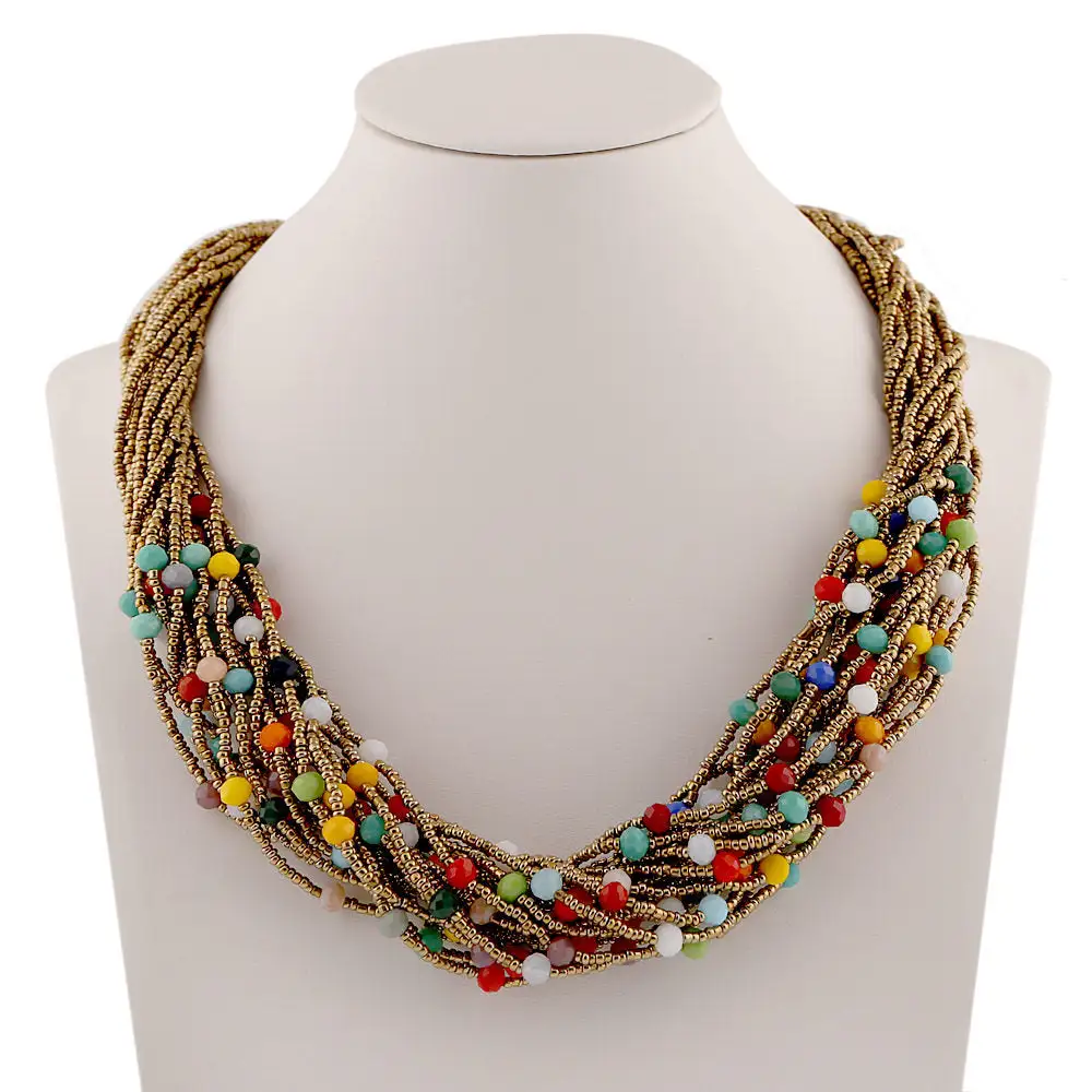 Multicolor Beaded Layered Necklace Ethnic Retro Style Collarbone Chain