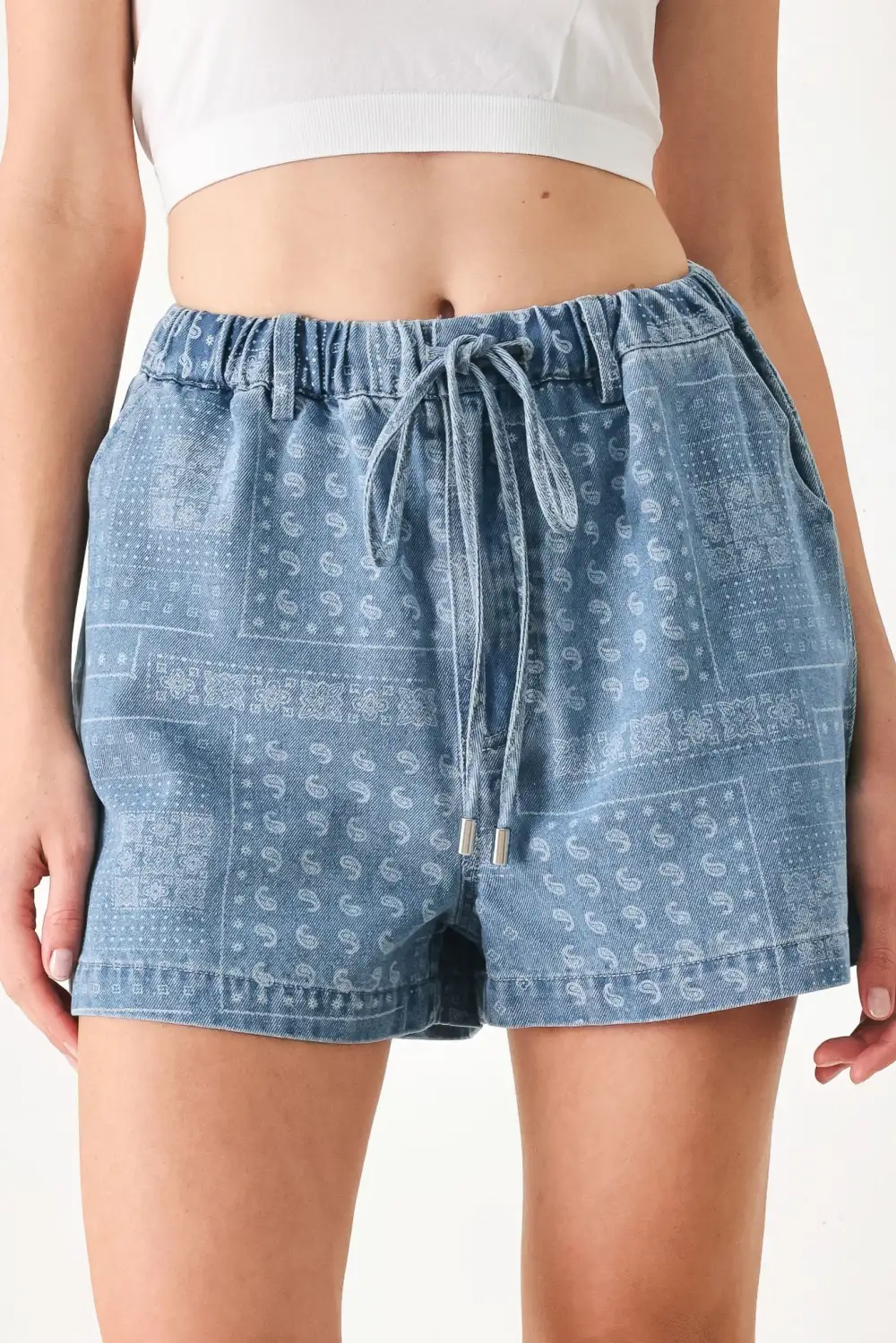 Elastic Waist Pocketed Vintage Denim Shorts