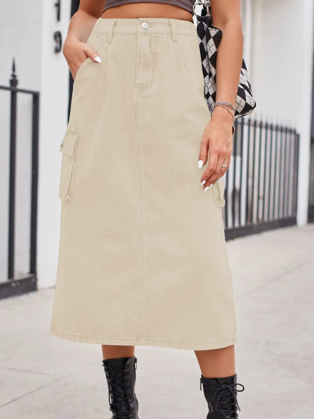 Simple Button Front Denim Detail Skirt