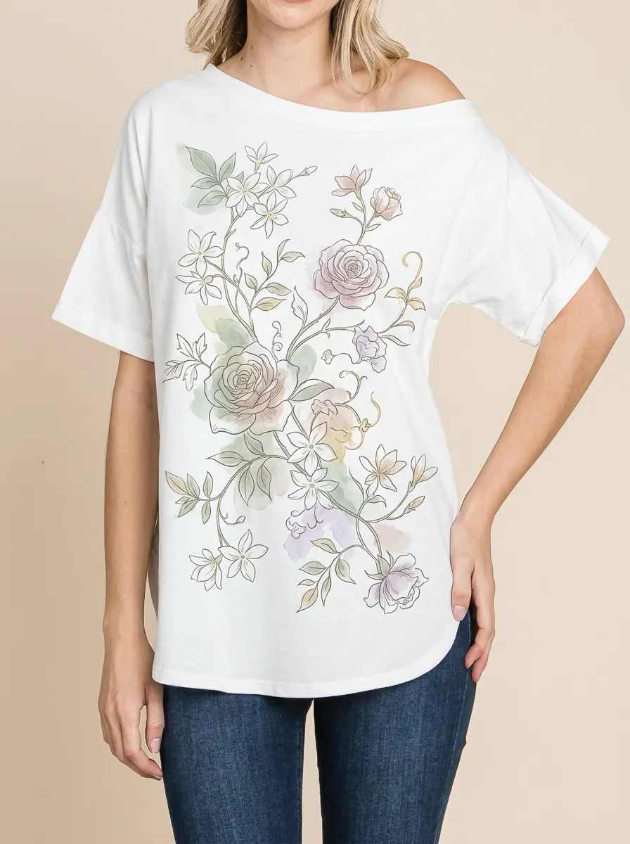 Women's Floral Art Watercolor Rose Printed Off-Shoulder Top