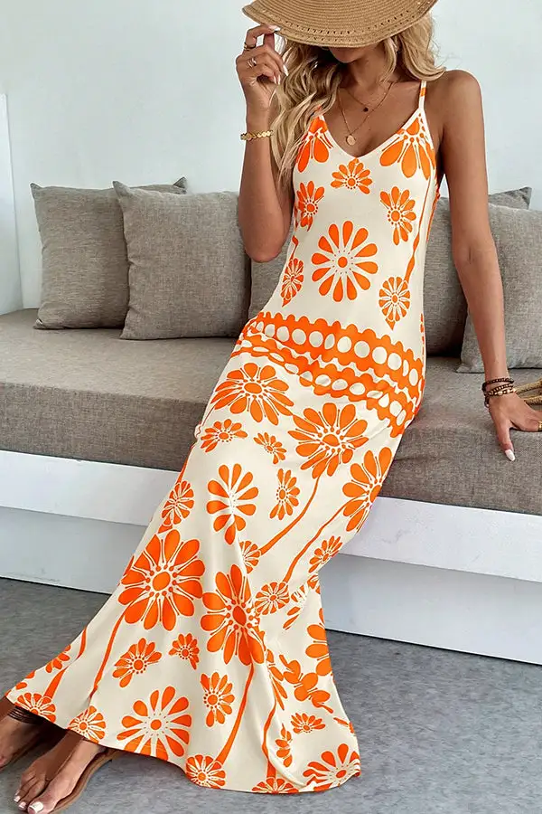 Floral Print V Neck Maxi Dress