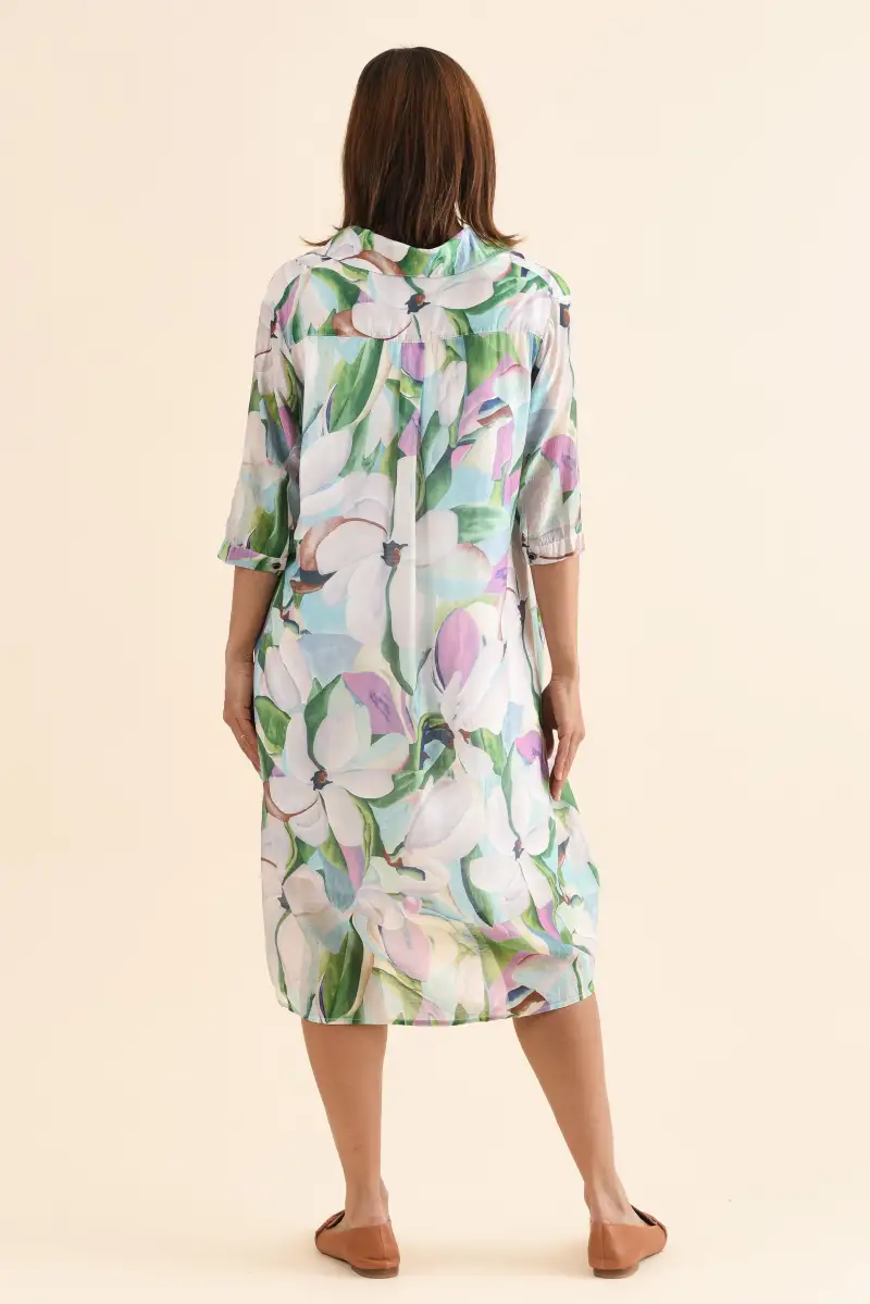 Knee-Length Floral Cotton Pocket Collared Half-Sleeve A-Line Dress