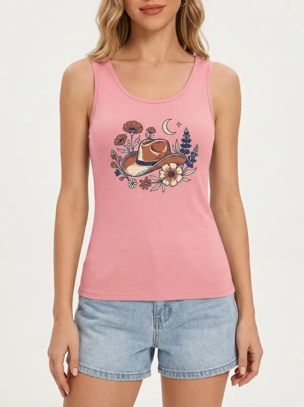 Western Moon Floral Built-In Bra Tank Top