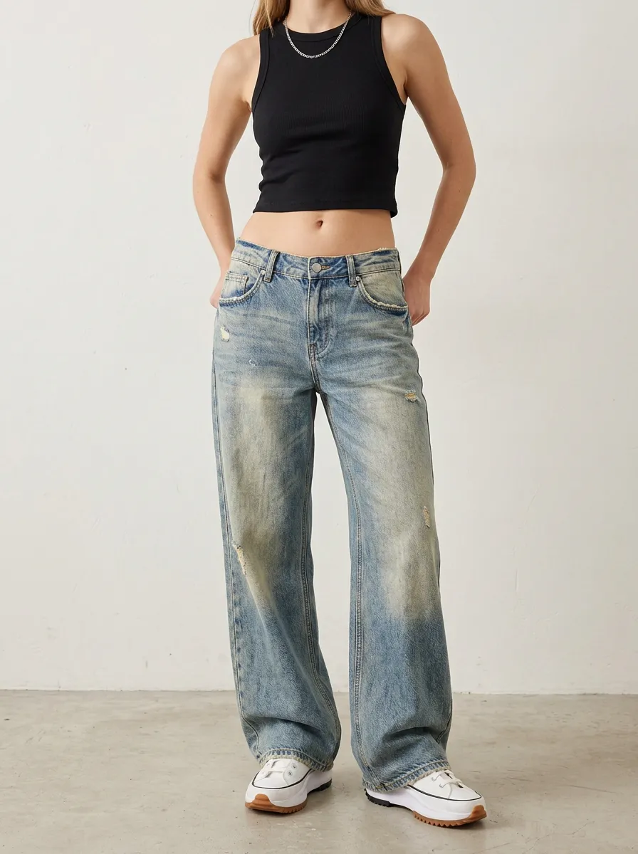 Women's Classic Vintage Distressed Wide Leg Denim Baggy Jeans
