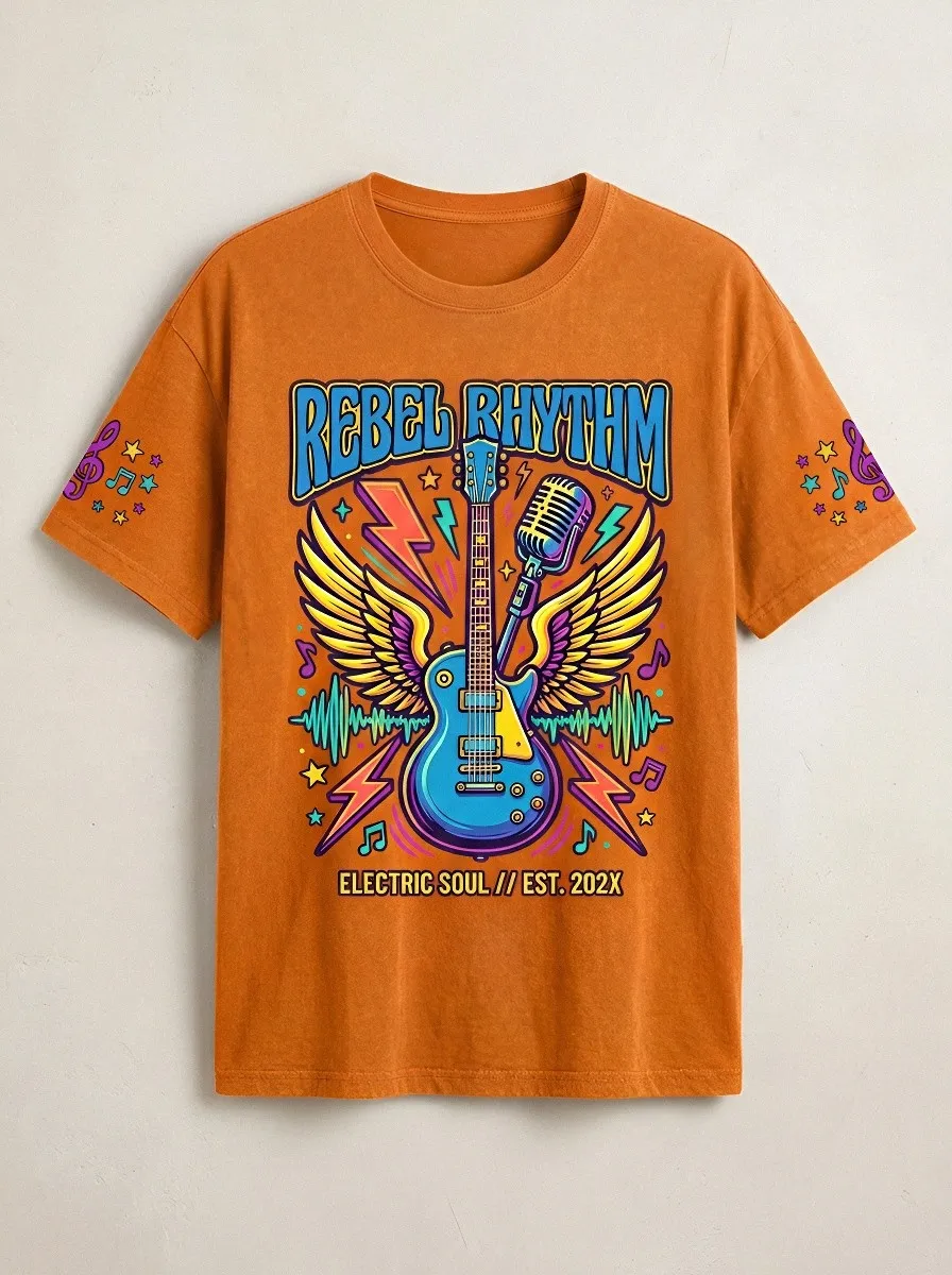 Unisex Rock Music Lover Winged Guitar Microphone Printed T-shirt