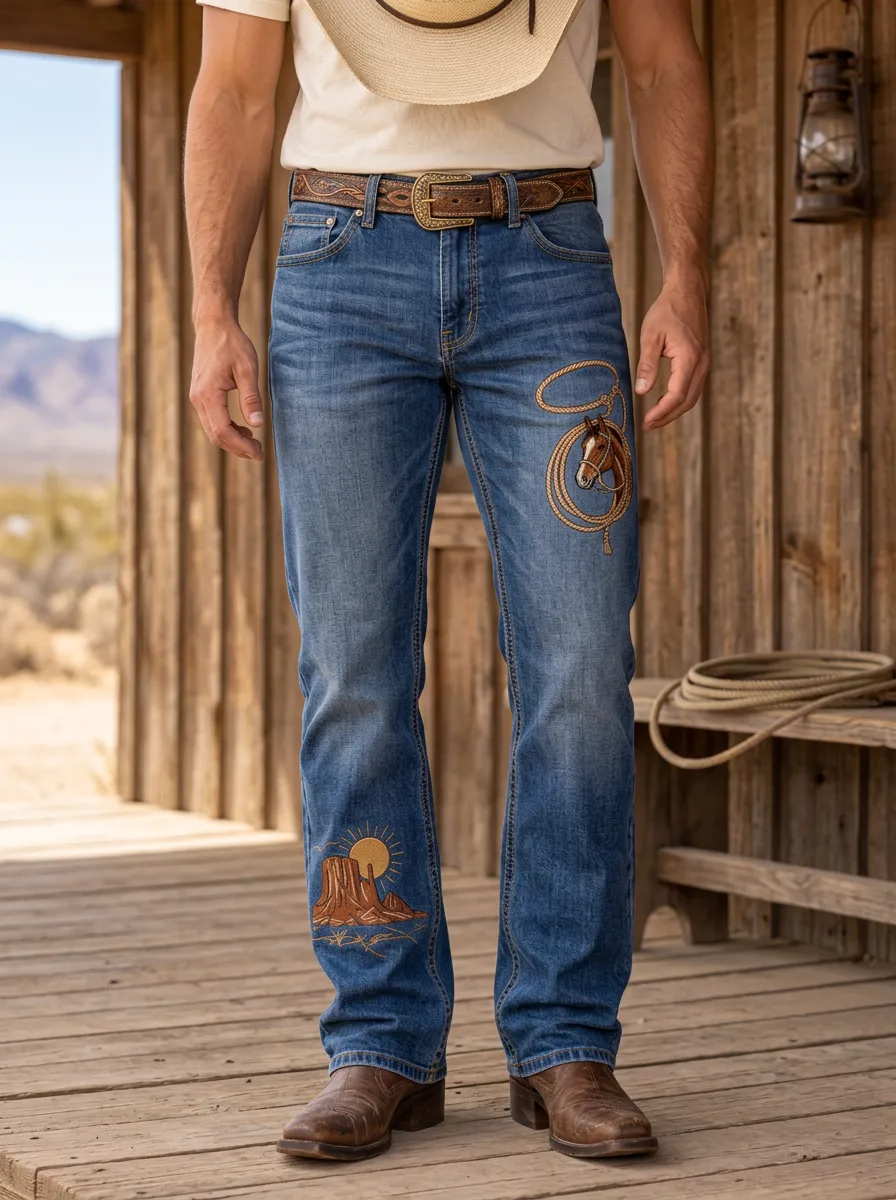 Men's Classic Western Cowboy Horse Lasso Desert Jeans