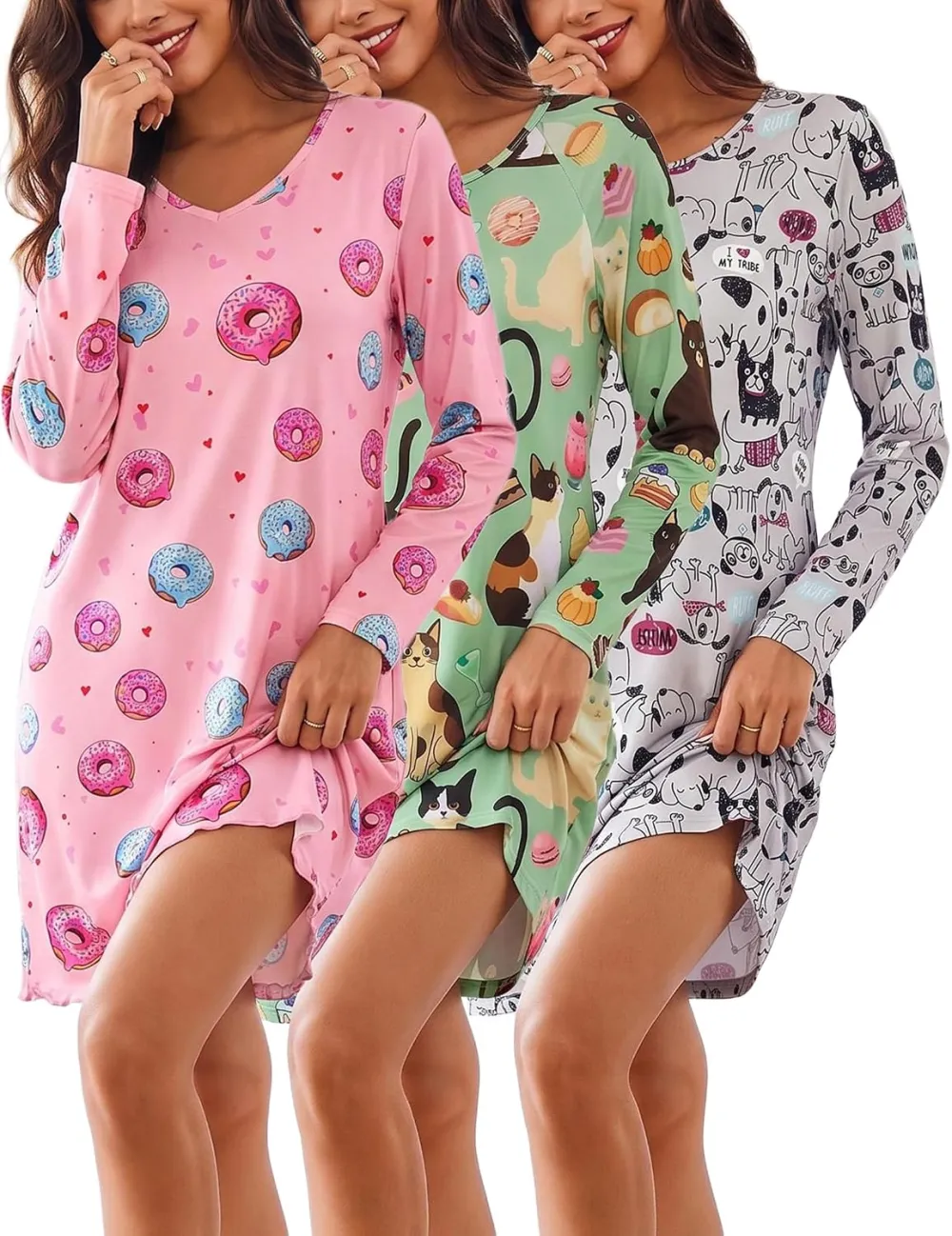 Ekouaer 3 Pack Long Sleeve Nightgowns for Women Casual Sleepwear Nightshirt