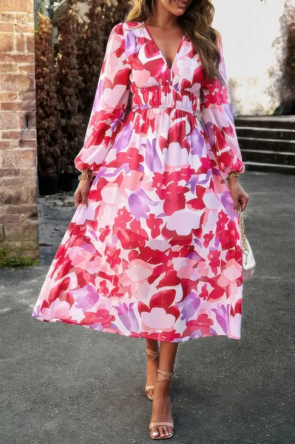 Boho V Neck Flared High Waist Long Sleeve Dress
