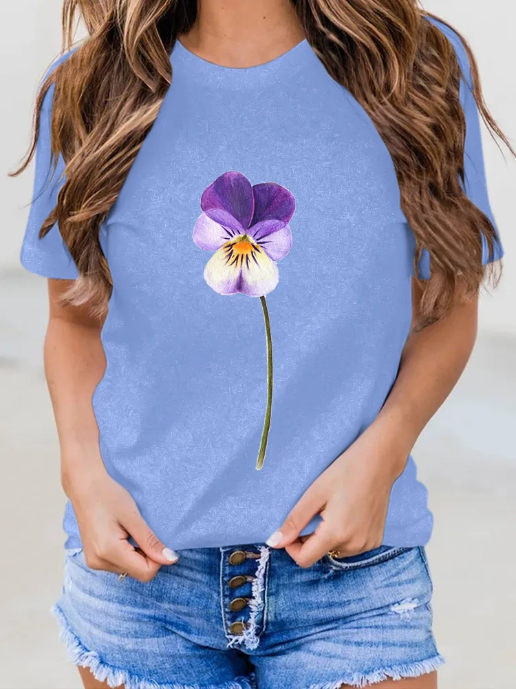 Women's Floral Printed Alzheimer's Awareness Round -Neck Short-Sleeved T-Shirt