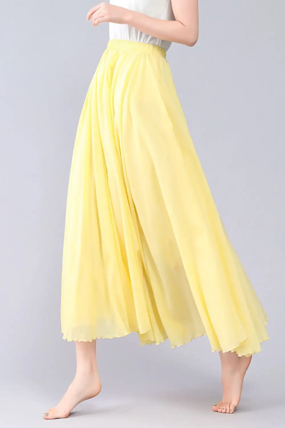Checkered Linen Cotton Pleated Circle Elastic Waist Maxi Skirt