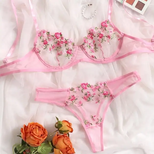 Floral Mesh Thong Lingerie Set