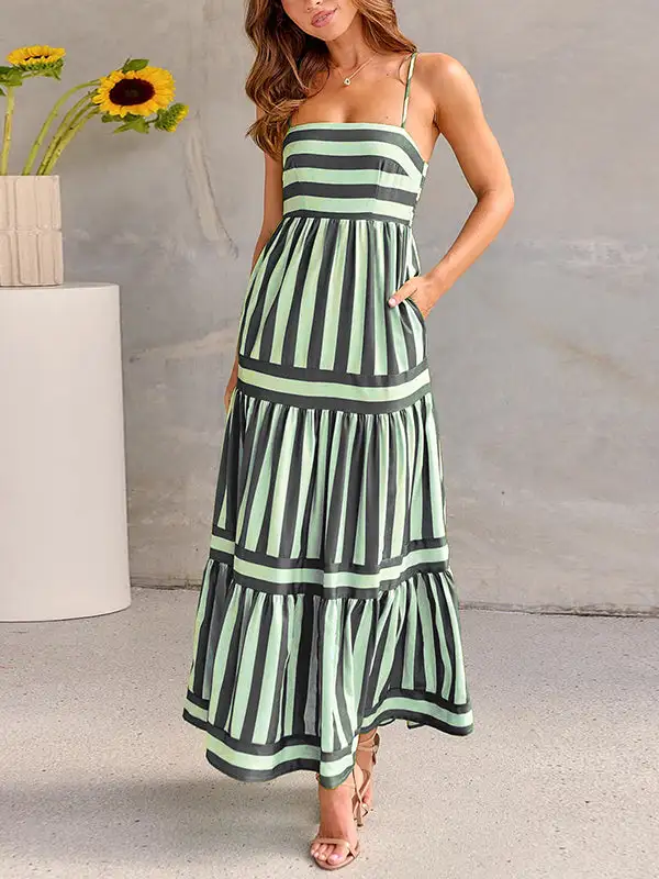 Striped Pleated Sleeveless Neck Maxi Dress