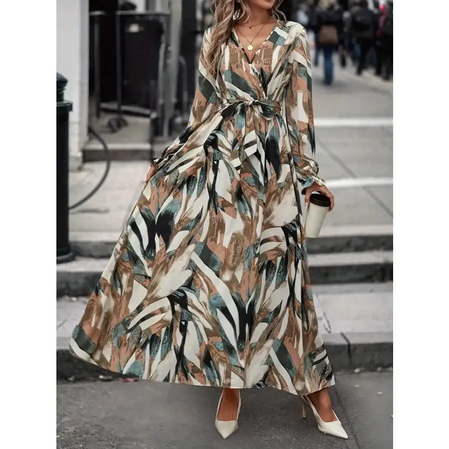 Printed Surplice Long Sleeve Maxi Dress