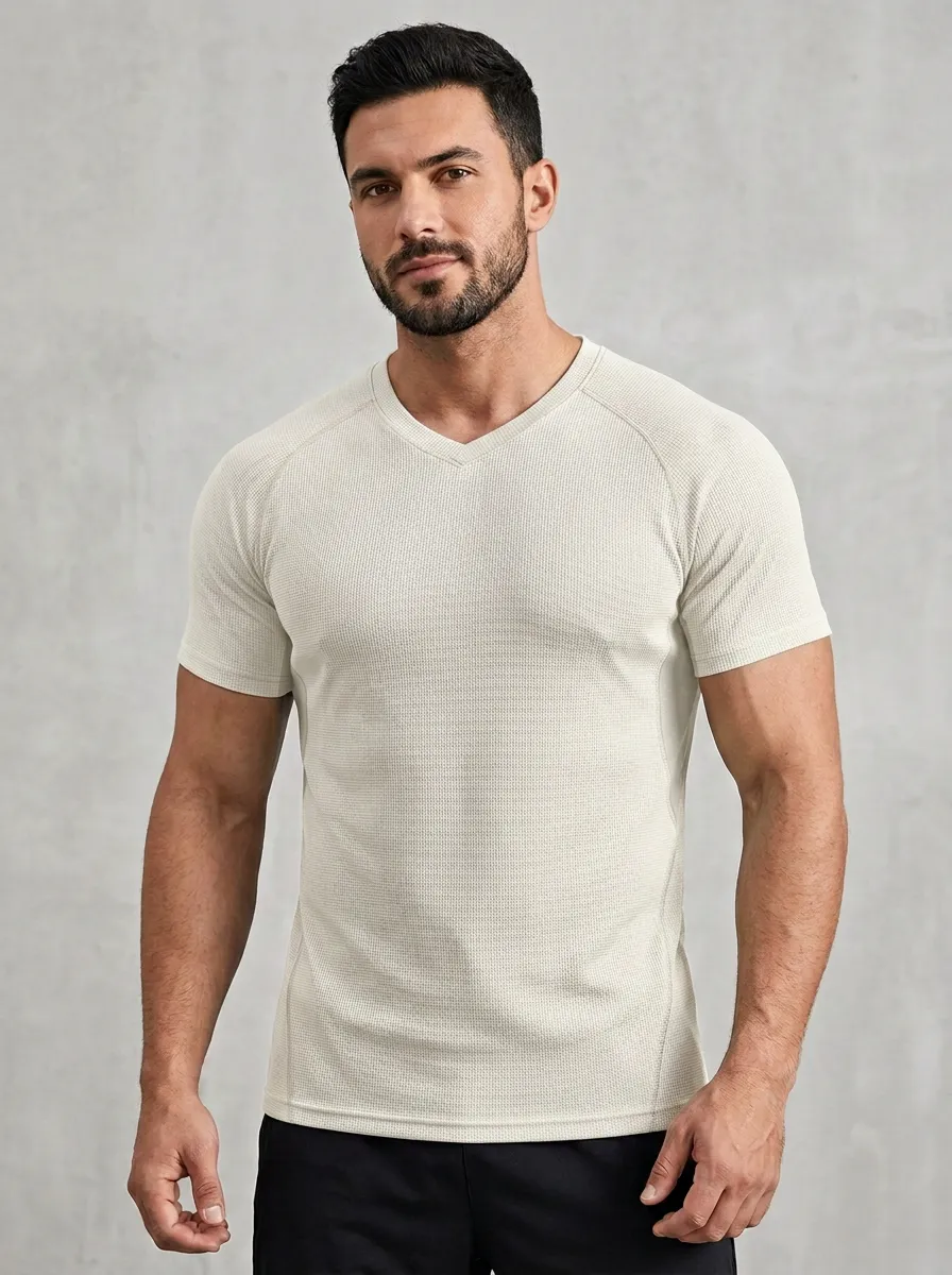 Slim-Fit V-Neck Waffle-Knit Raglan-Sleeve Men's Slim-Fit T-Shirt