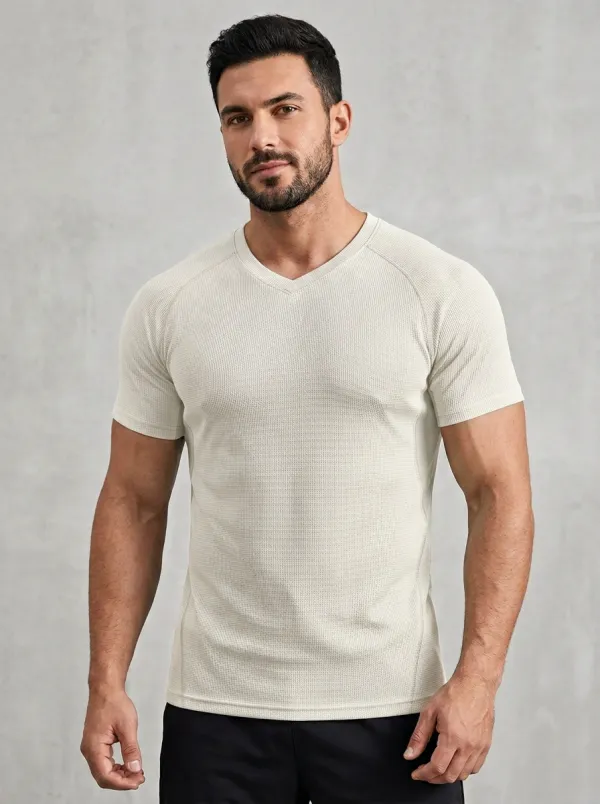 Slim-Fit V-Neck Waffle-Knit Raglan-Sleeve Men's Slim-Fit T-Shirt