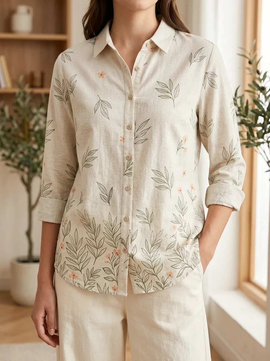 Women's Botanical Floral Leaf Printed Button-Down Shirt