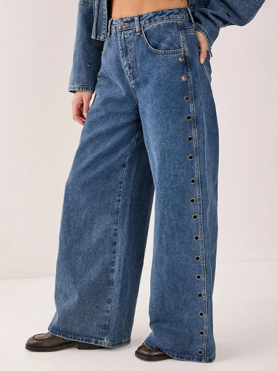 Women's  Side Eyelet Wide-Leg Jeans