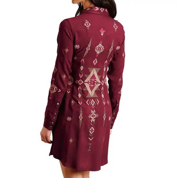 Embroidered Shirt Snap Front Casual Dress
