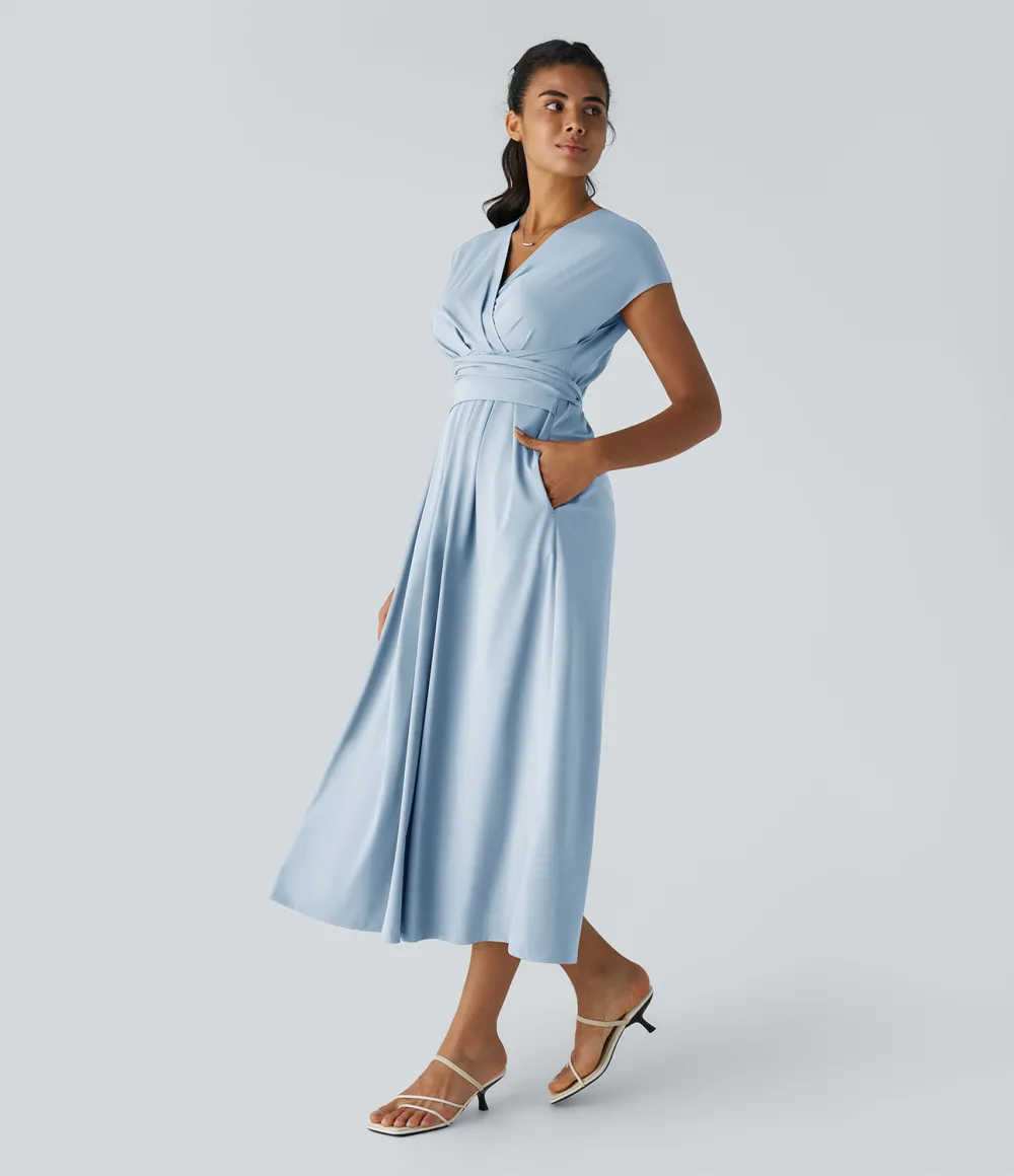 Breezeful V Neck Short Sleeve Side Pocket Tie Back Quick Dry Midi Casual Dress