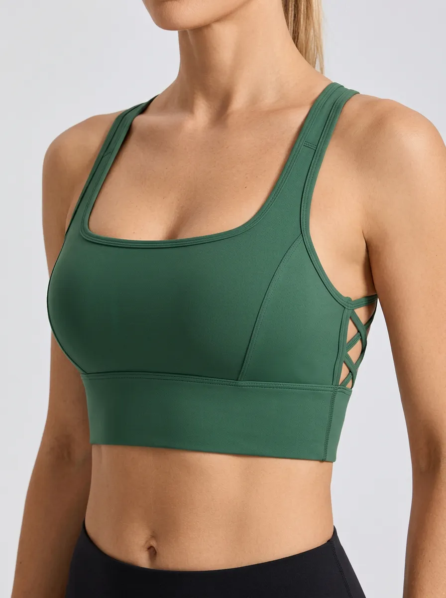 Women's Scoop Neck Zip Front Panel Detail Sports Bra