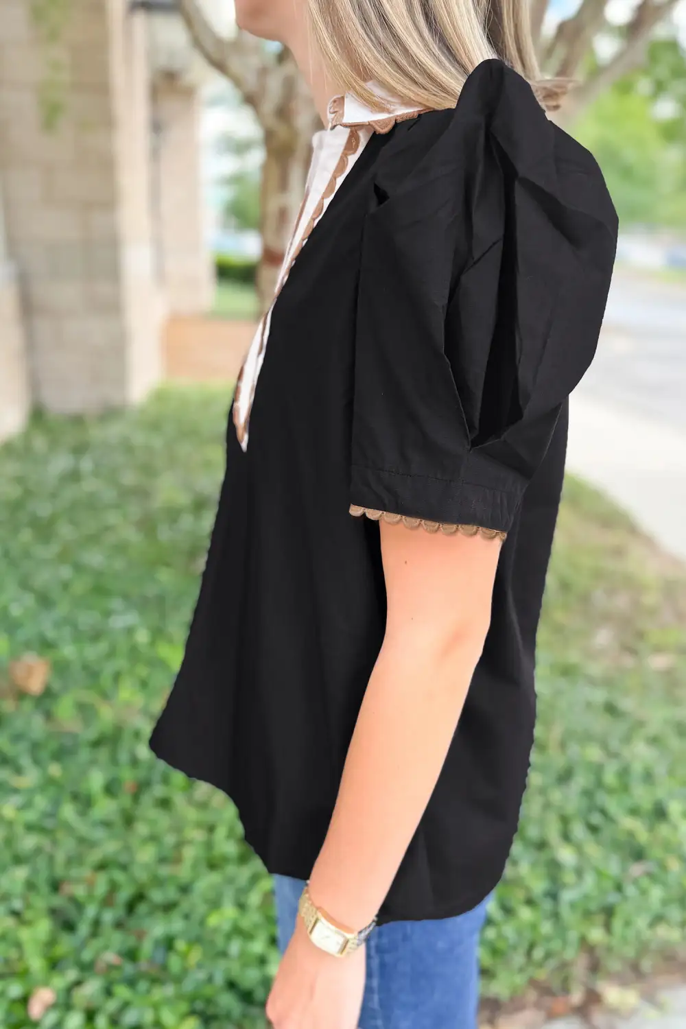 Black Trim Color Block Patchwork Shirt Collar Short Sleeve Blouse