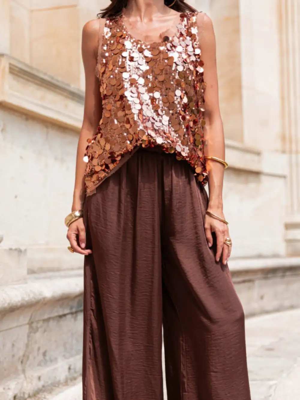 Round-Neck Sequined Tank Top