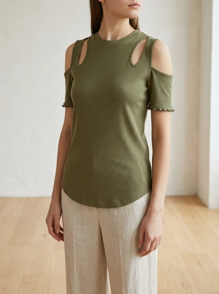 Women's Olive Green Ribbed Cold Shoulder Cutout Short Sleeve Top