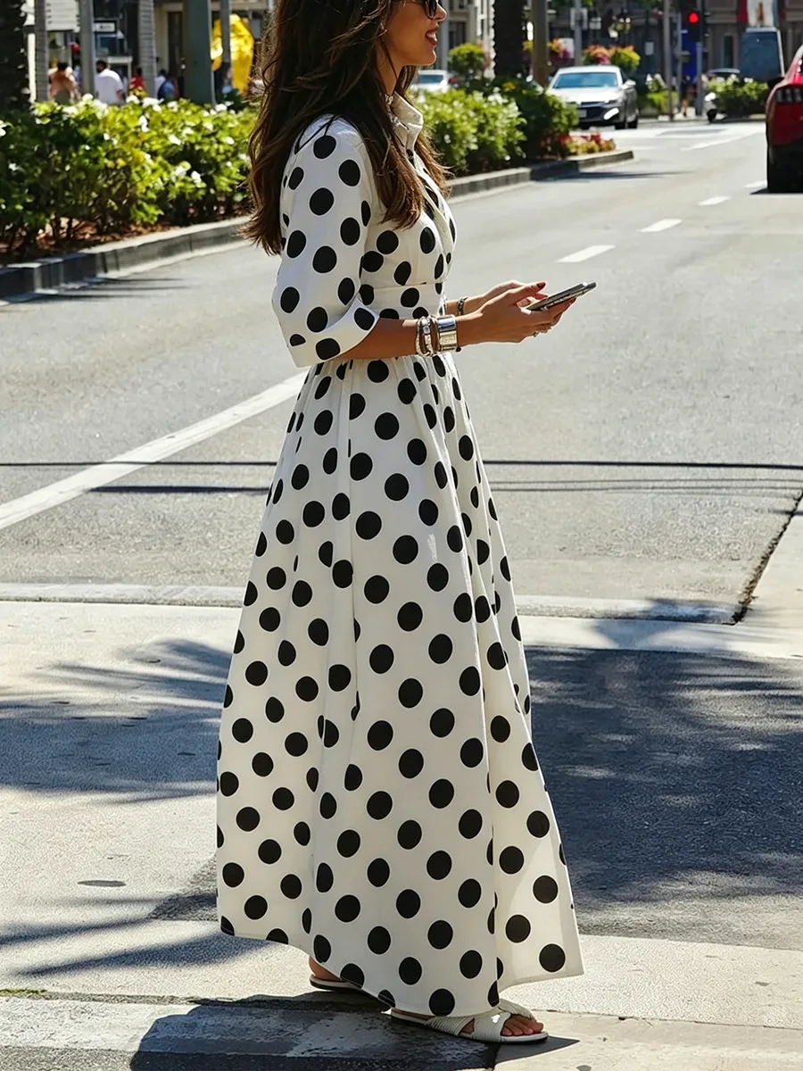 Polka Dot Buttoned Shirt Maxi Dress