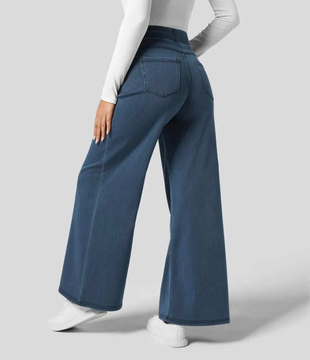 Magic High Waisted Multiple Pockets Wide Leg Loose Stretchy Knit Work Jeans