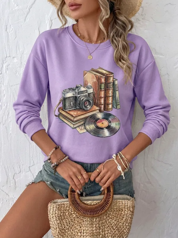 Women's Vintage Aesthetic Camera Books Vinyl Printed Sweatshirt