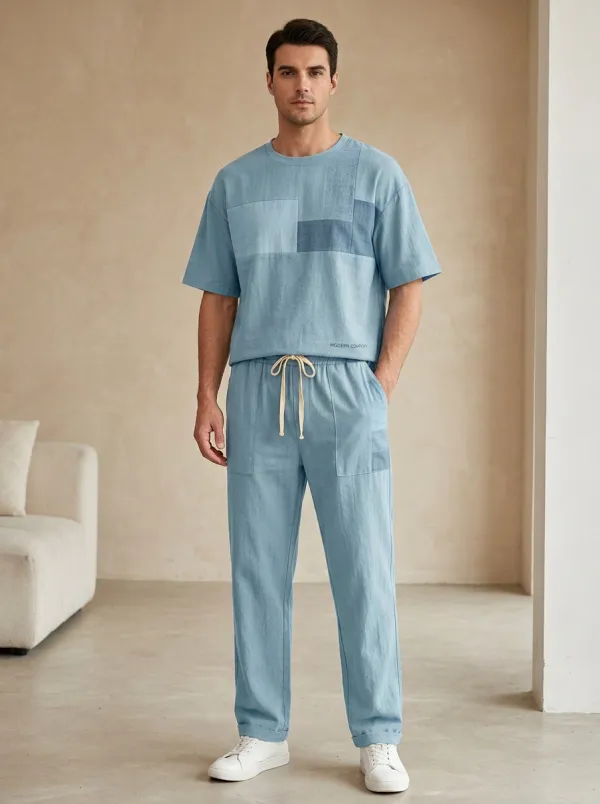 Men's Casual Colorblock Patchwork Printed Lounge Set Modern Pattern