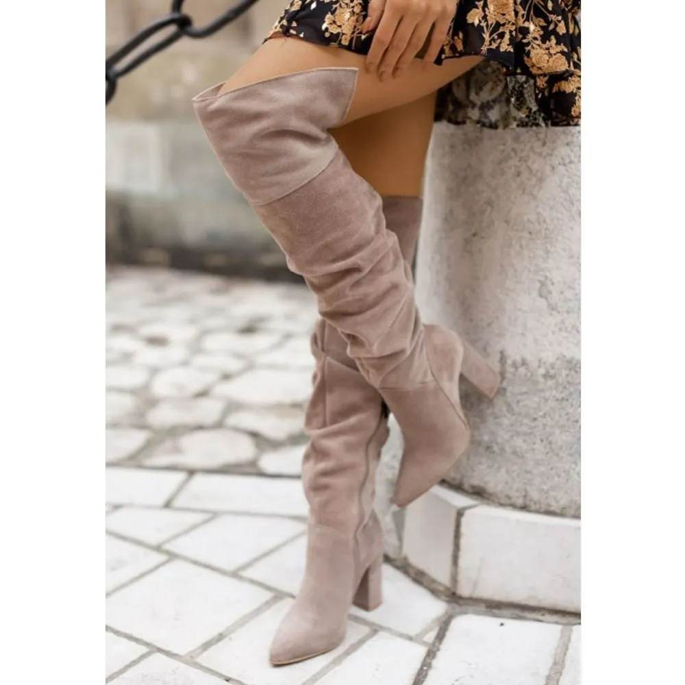 Warm Suede Over Knee Boots Block Heel Thigh Tall Boots