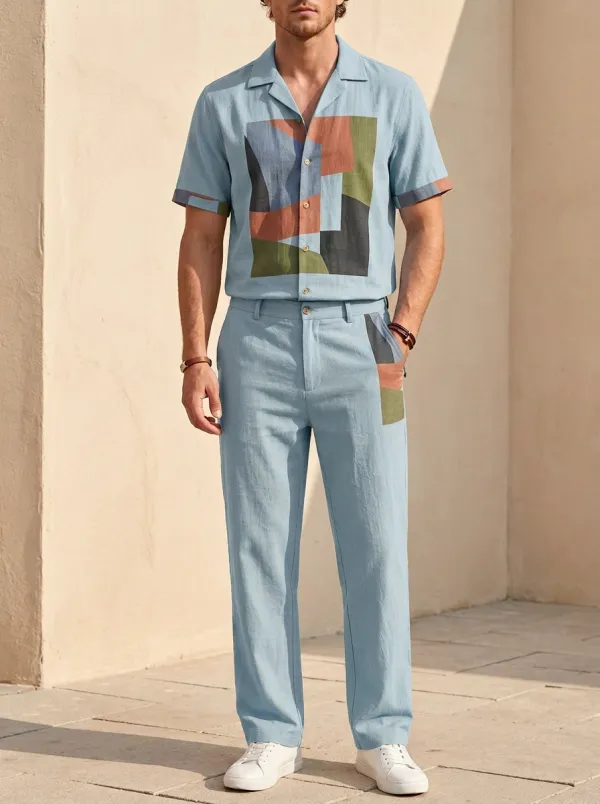Men's Geometric Abstract Colorblock Printed Casual Set