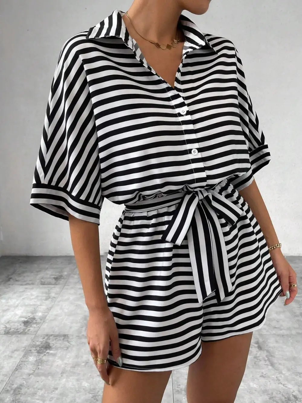 Tie Waist Half Button Romper