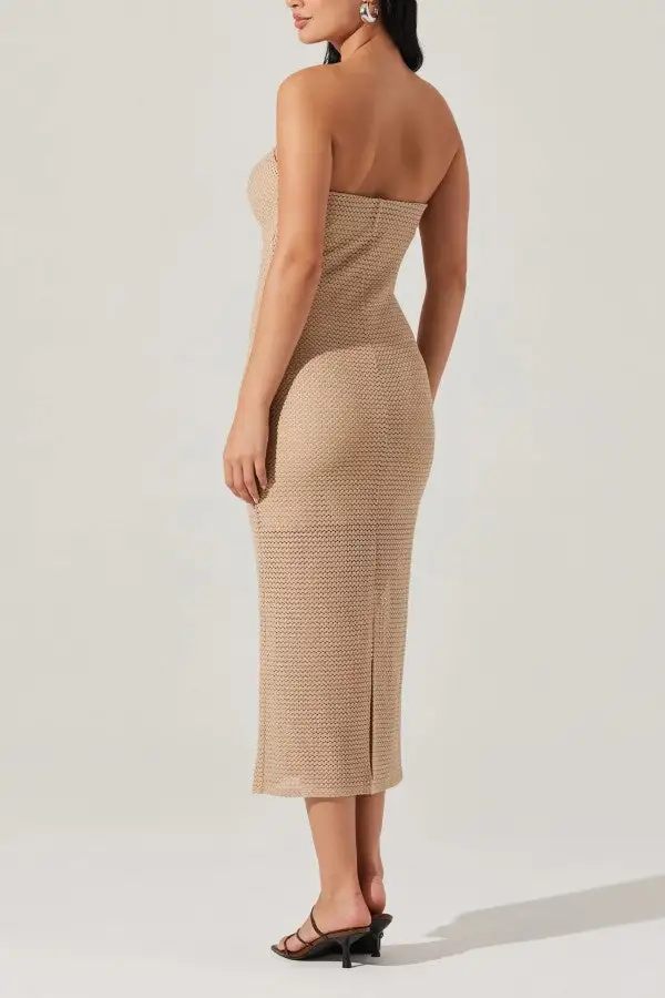 Nude Knit Strapless Keyhole Maxi Dress