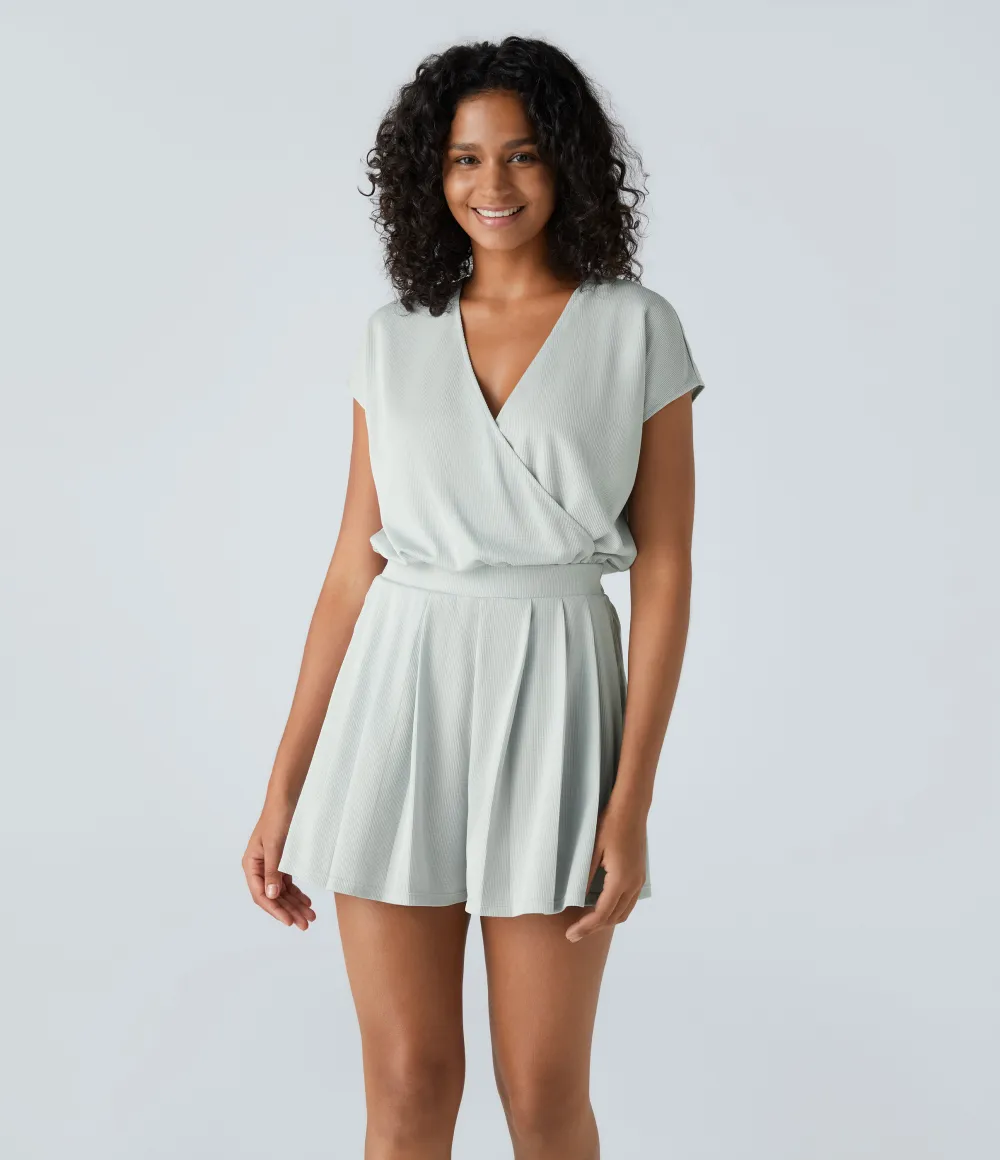 V Neck Short Sleeve Pocket Waffle Casual Romper
