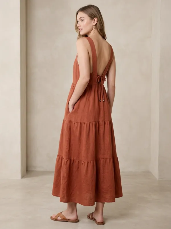 Women's Easygoing Casual Tiered Linen Backless Dress