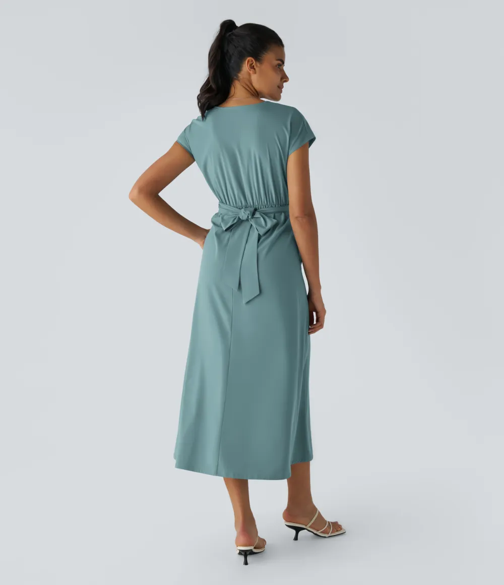 Breezeful V Neck Short Sleeve Side Pocket Tie Back Quick Dry Midi Casual Dress