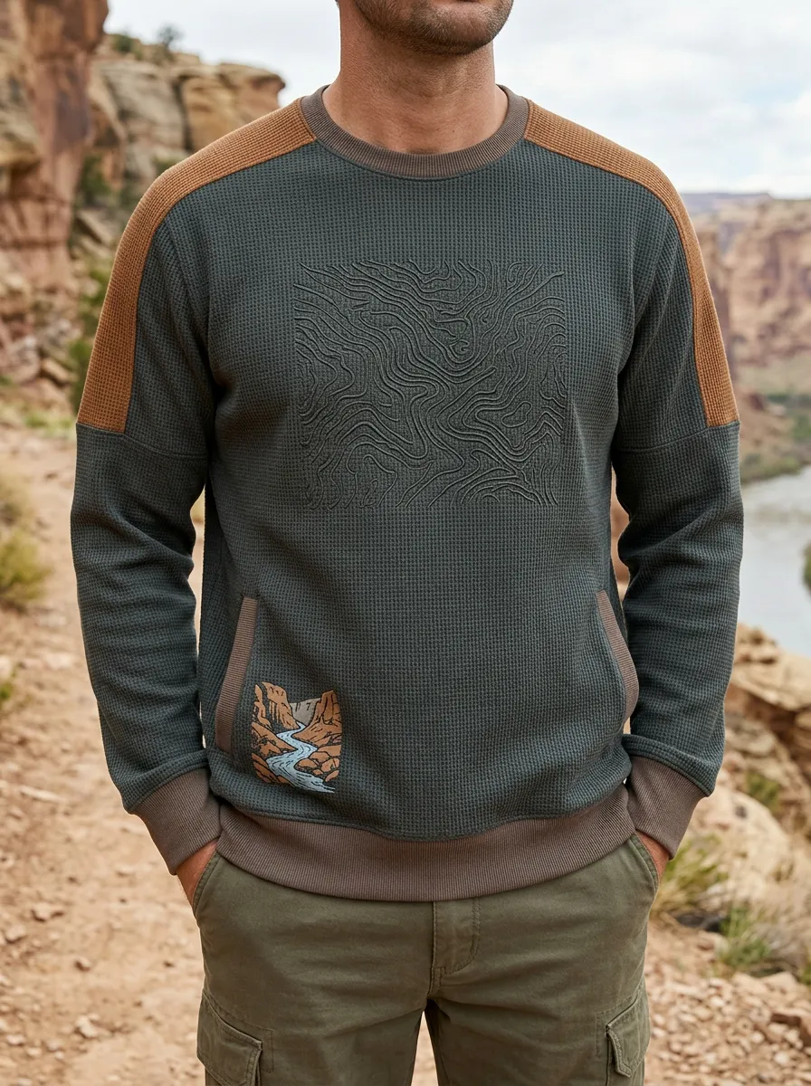 Men's Outdoor Adventure Topographic Canyon Printed Waffle Sweatshirt