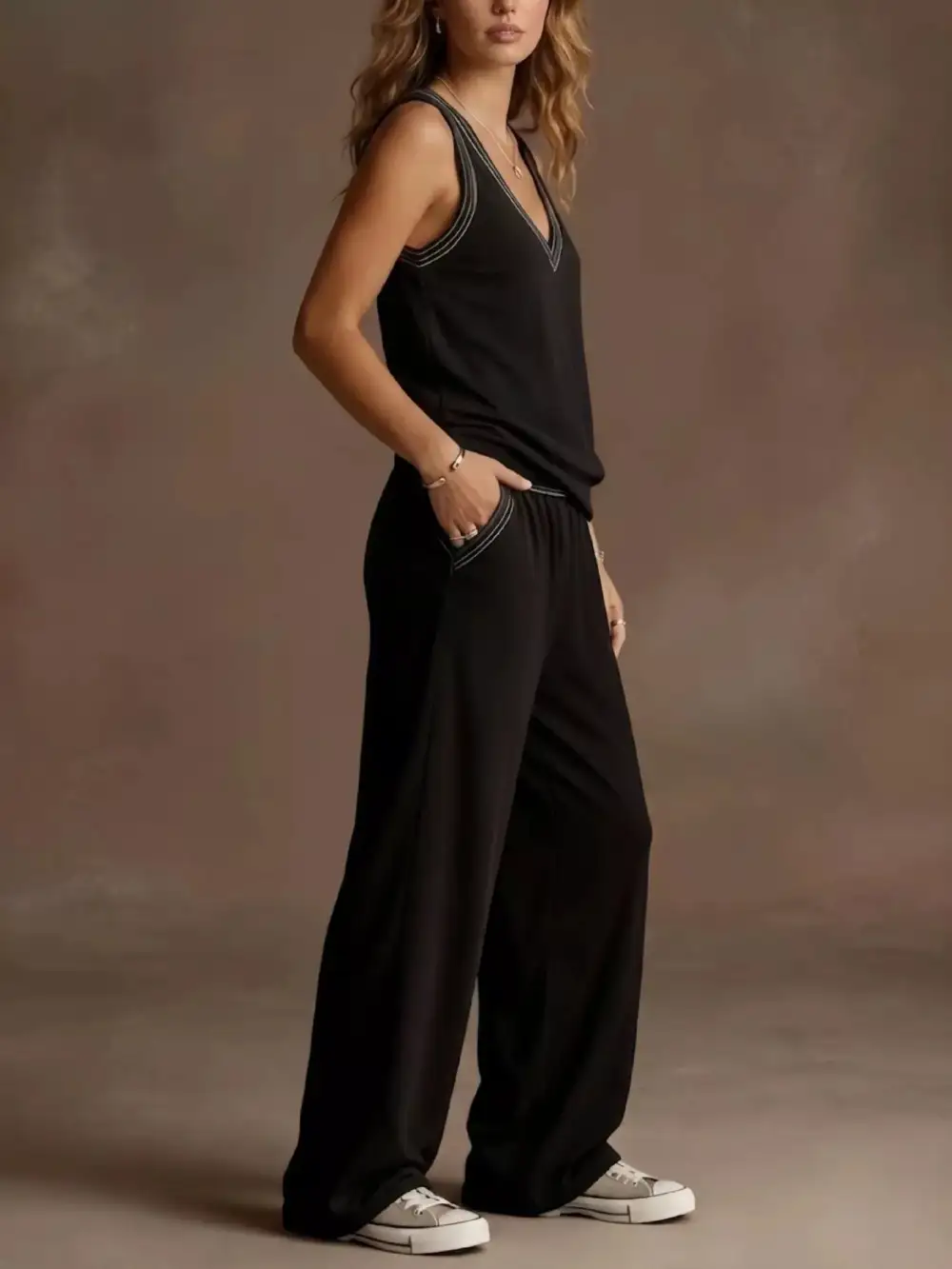 Full Size V Neck Tank Top & Wide Leg