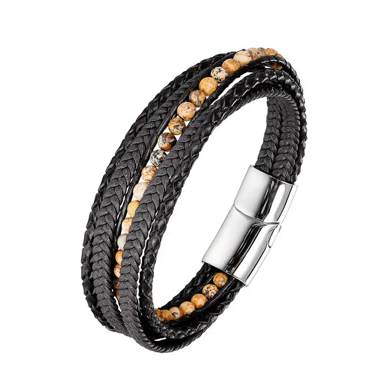 Hematite Agate Tiger Eye Amazonite Beaded Leather Bracelet