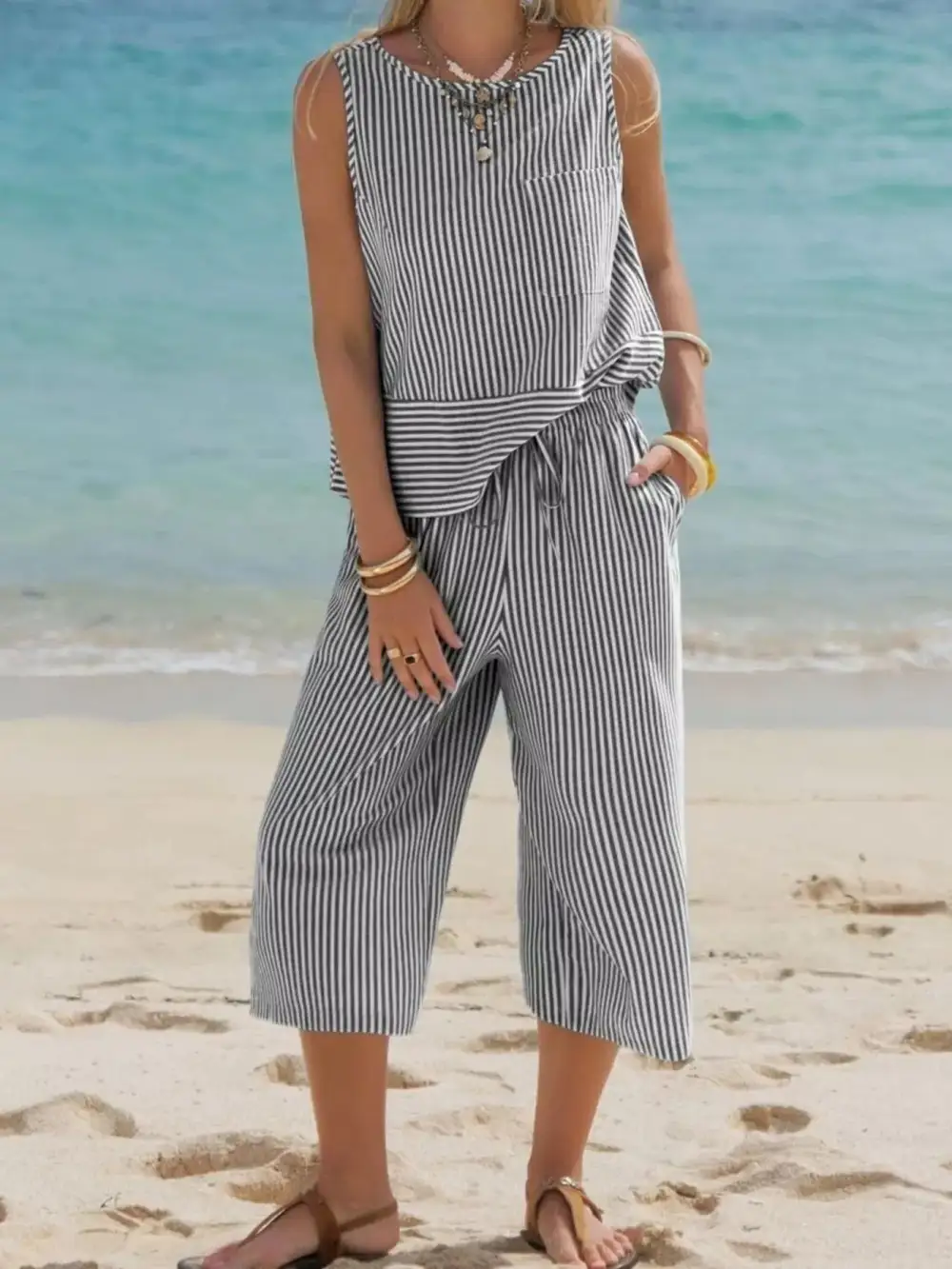 Striped Sleeveless Top and Cropped Pants Set