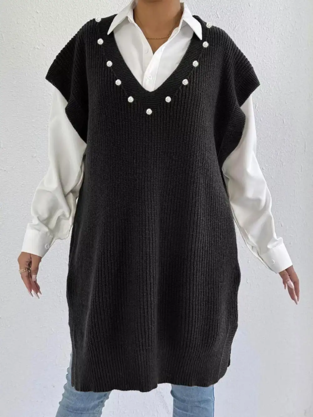 V Neck Slit Sweater Dress