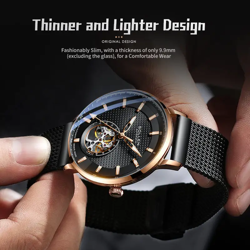 Sollen SL362 Men's Open Heart Automatic Mechanical Watch - 42mm Stainless Steel Case Slim 9.9mm Ice Blue Luminous Markers Mesh Bracelet Wristwatch