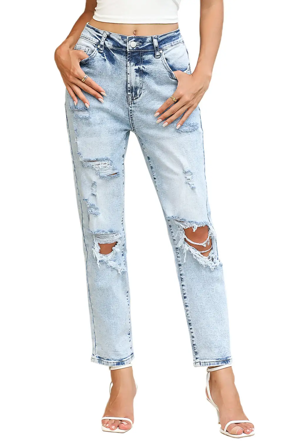Frayed Slim Fit High Waist Denim Jeans