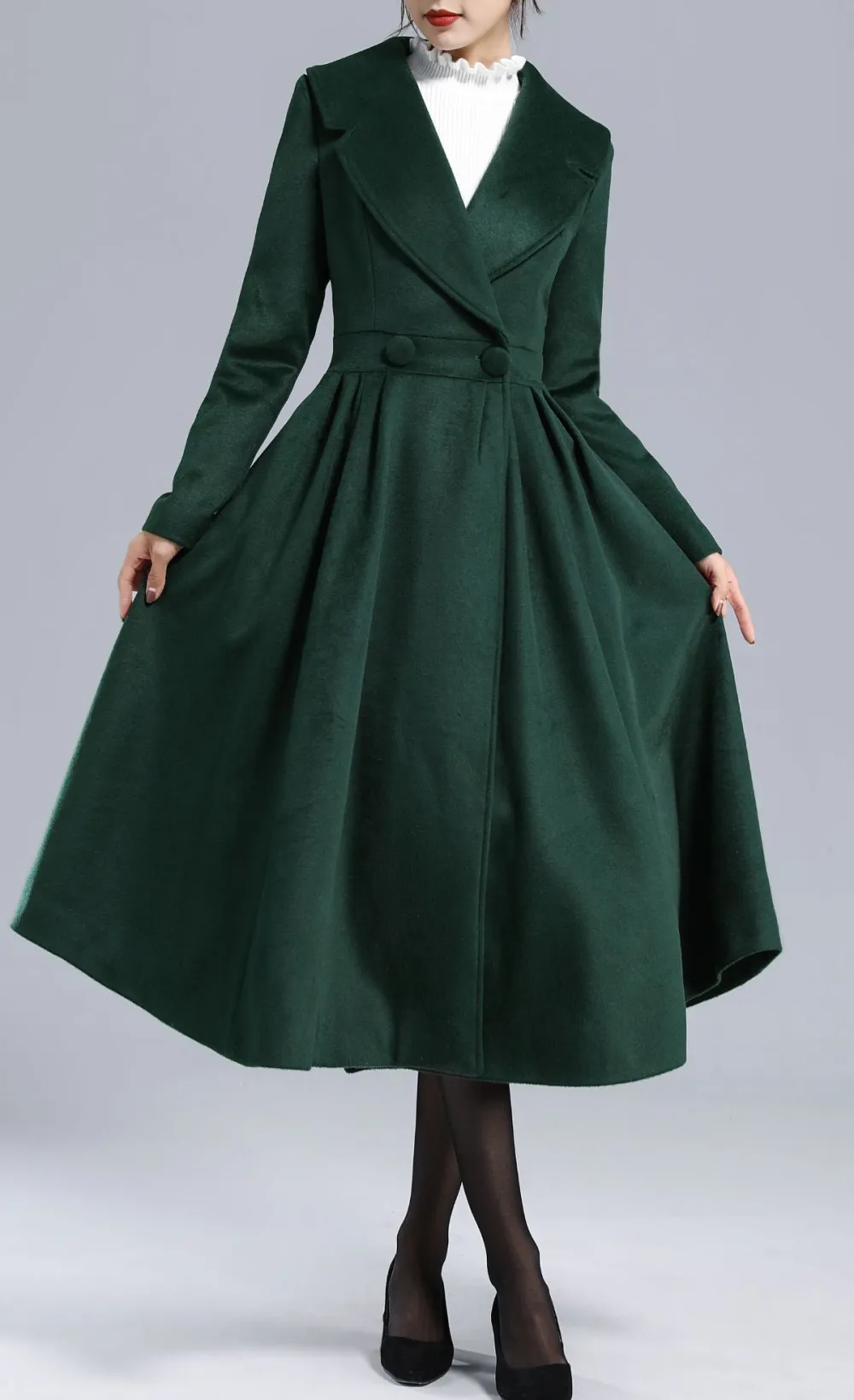 Textured Wool Blend Fit and Flare Double Breasted Lapel Collar Pleated Long Coat