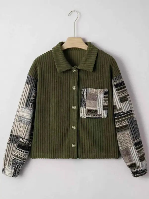 Ribbed Fleece Plaid Printed Patchwork Button-Up Jacket