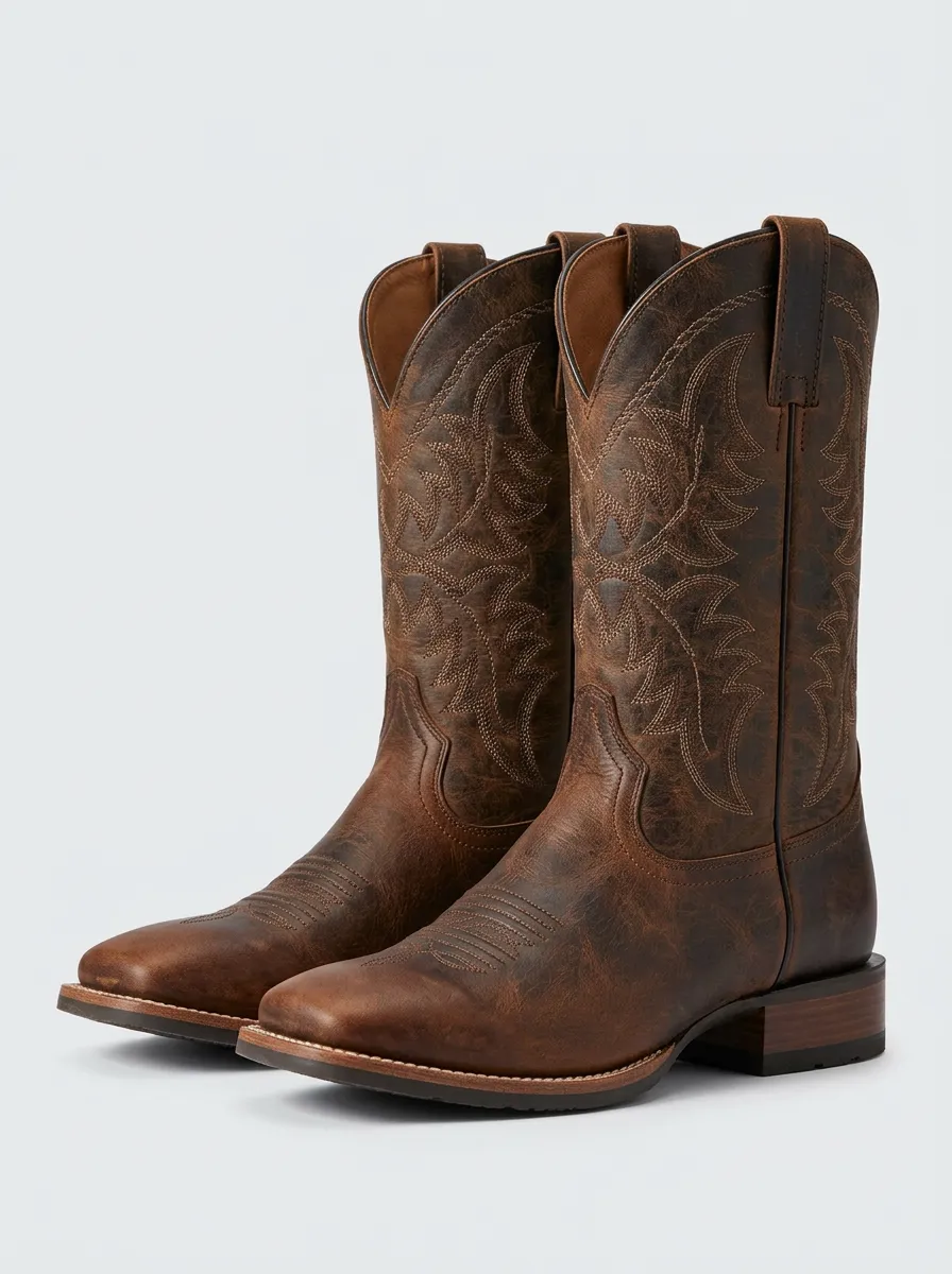 Vintage-Inspired Embroidered Distressed Leather-Look Silhouette Men's Western Cowboy Boots
