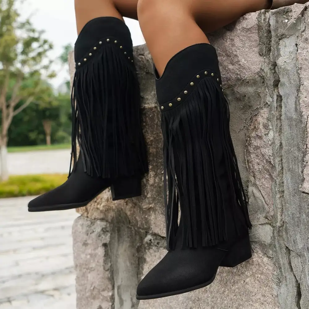Classic Fringe Point Toe Block Heels Boots