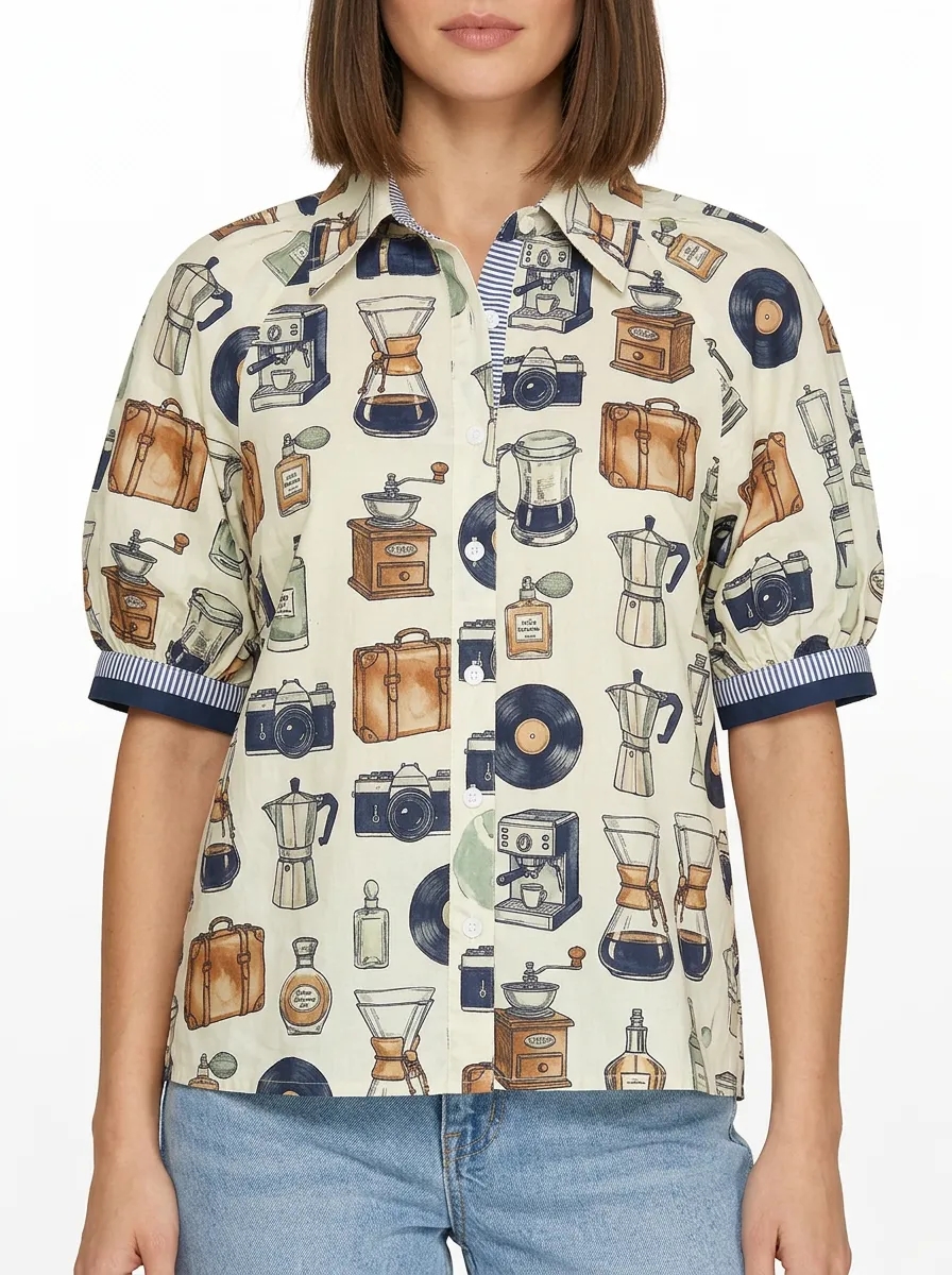 Women's Coffee Camera Vinyl Record Printed Shirt